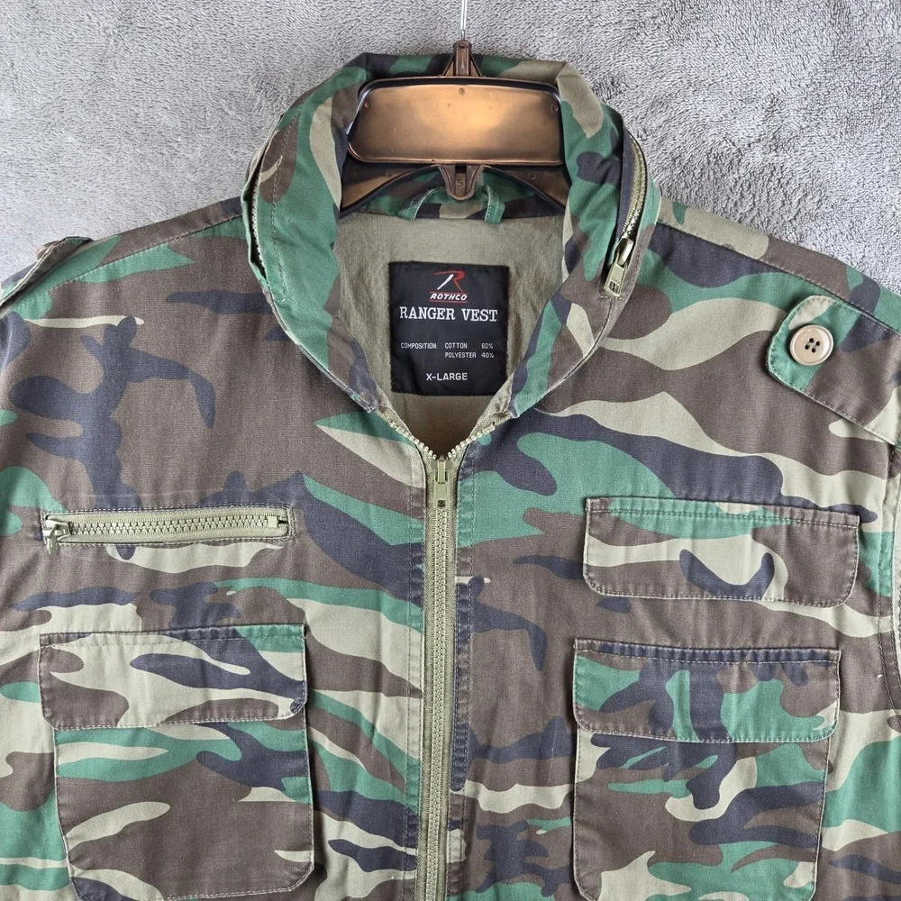 Rothco Ranger Vest Woodland Jungle Camo Full Zip Utility Stowaway Hood Men XL
